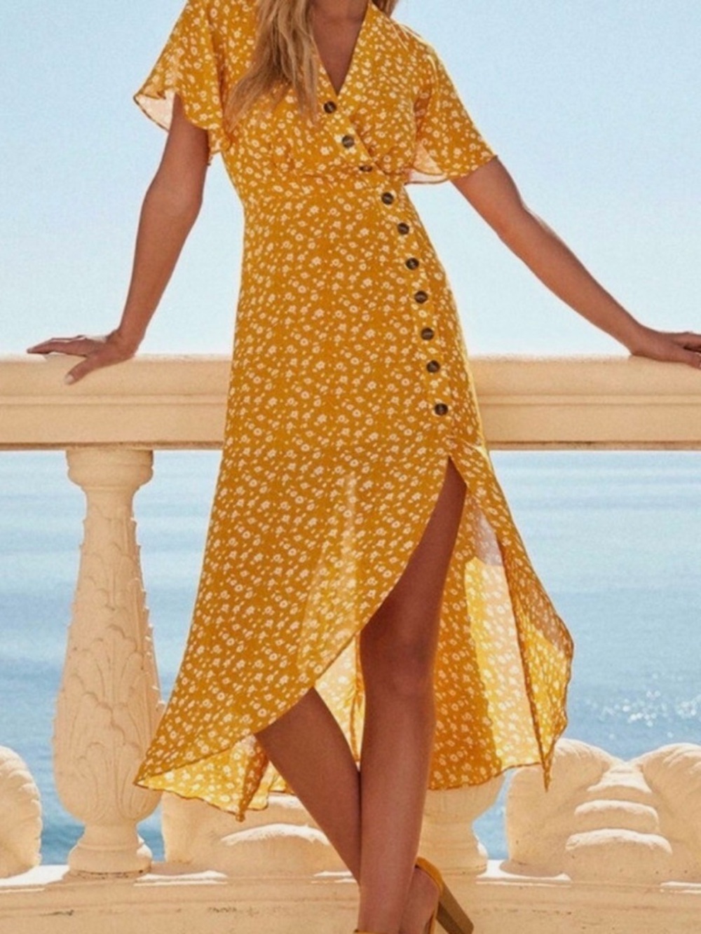 Lulus After-Bloom Delight Golden Yellow Floral Print Button Front Midi